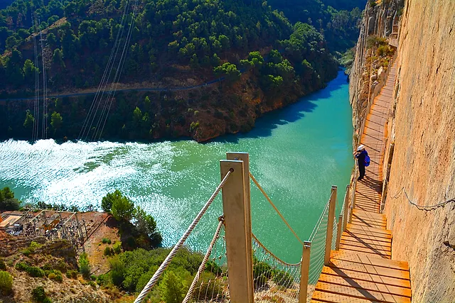 The walkway beside the turquoise reservoir
