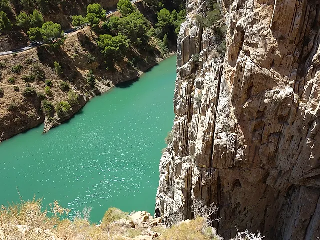 Turquoise water of the Gaitanes gorge between steep rock walls